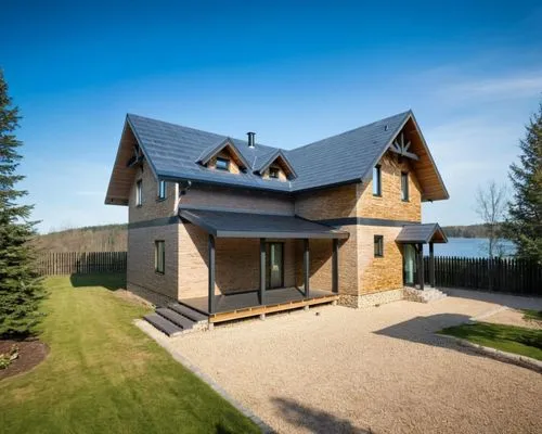 a large house with brown shingles and windows,timber house,dunes house,passivhaus,wooden house,chalet,inverted cottage