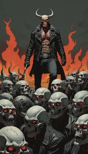 Hellish cowboys, muscular men, demonic horns, red glowing eyes, sharp teeth, black leather jackets, ripped jeans, heavy boots, smoking cigarettes, hellfire background, burning skulls, skeletal horses,