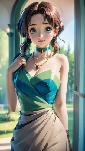 anime - style female in a dress posing at a door,aerith,megara,princess anna,michiru,zhui,tirona,Anime,Anime,Cartoon