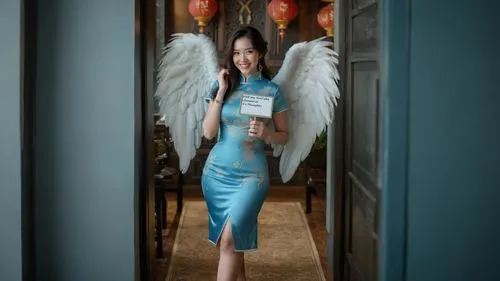 Smiling beautiful voluptuous female angel in a blue Cheongsam is holding a sign that says "Visit my YT channel at X'sThoughts ",a beautiful young lady in a short dress holding up an angel,business ang