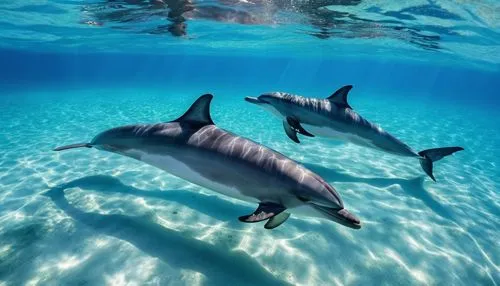 Dolphins swimming on the crystal clear seabed, ambient light, crystal clear, beautiful sunset, realistic style – cinematic and realistic, photography.,dolphins in water,common dolphins,bottlenose dolp