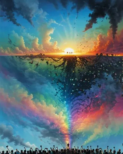 rainbow clouds,rainbow waves,psychedelic art,rainbow bridge,meteorological phenomenon,geological phenomenon,rainbow pattern,psychedelic,acid lake,mists over prismatic,atmospheric phenomenon,natural phenomenon,parallel worlds,rainbow world map,hot-air-balloon-valley-sky,rainbow background,panoramical,fractals art,polarized,heaven gate,Conceptual Art,Fantasy,Fantasy 29