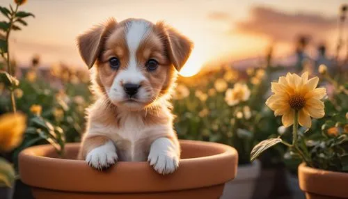 cute puppy,flower background,golden retriever puppy,beagle,picking flowers,dog photography,Photography,General,Commercial