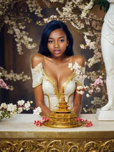 woman standing in front of a painting with flowers and statues,maraj,nomani,ibibio,bonang,azealia,kunbi