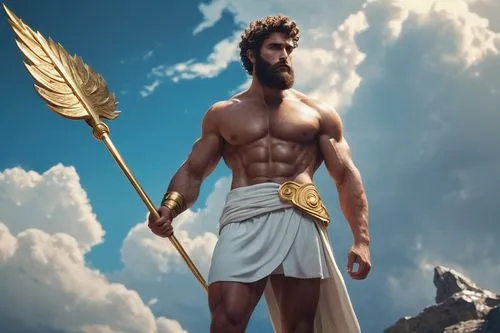 Eurus, Greek god, strong muscular male, flowing white toga, golden laurel wreath on forehead, blue eyes, short beard, curly brown hair, powerful chest, six-pack abs, strong legs, sandals, holding trid