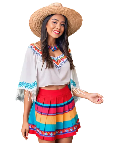 Colorful sombrero, festive outfit, vibrant poncho, traditional embroidered blouse, high-waisted skirt, bright sandals, bold makeup, exotic accessories, lively pose, joyful expression, warm sunlight, s