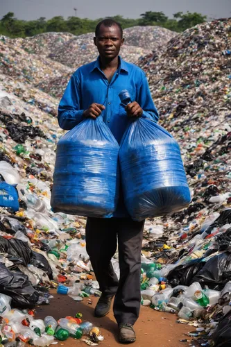 Nigeria, Lagos, 27 January 2017A man carries a huge back of pet bottles collected for recycling at the Olusosun landfill.The Olusosun landfill in Lagos receives between 3-5000 tons per day and is abou