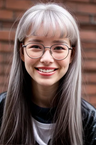 white hair and round glasses, contagious smile, open mouth,asian semi-longhair,asian woman,silver framed glasses,with glasses,fuki,portrait background,reading glasses,siu mei,pi mai,su yan,xiangwei,ma