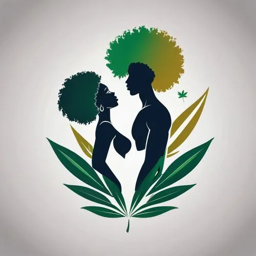 Som logo for us, on the two silhouettes, a male and a female afro and joint leaves, theme of the marijuana logo. Vector art. Hand drawn,hemp family,pregnant woman icon,cbd oil,growth icon,women silhou