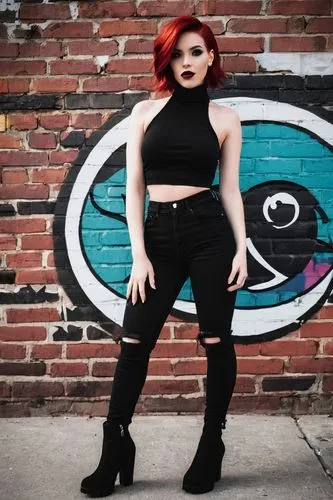 Sussy Drake, female, young adult, edgy, pale skin, bold eyebrows, red hair, messy bob cut, black choker, dark eye shadow, plump lips, crop top, high-waisted ripped jeans, black boots, confident pose, 