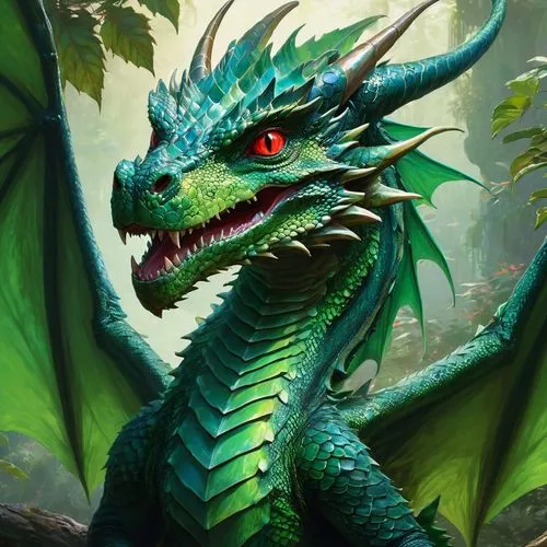 a green scaly dragon, with pointy ears, red eyes, big fangs, wings like a bath, breathes smoke through its nose trills , kawaii style,the green dragon is looking forward while staring to its left,drag