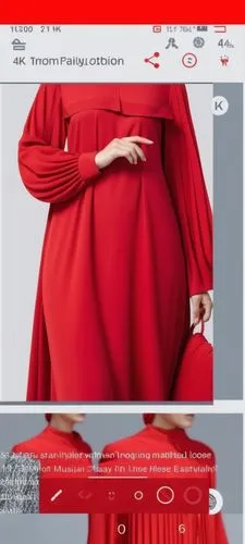 3d fashion drawing of women red  long maxi red  loose abaya fashion Muslim hijab with the pelisee and a lot of pleats on   sleeves pleated sleeves and elastic on the hand of the sleeves  loose abaya w