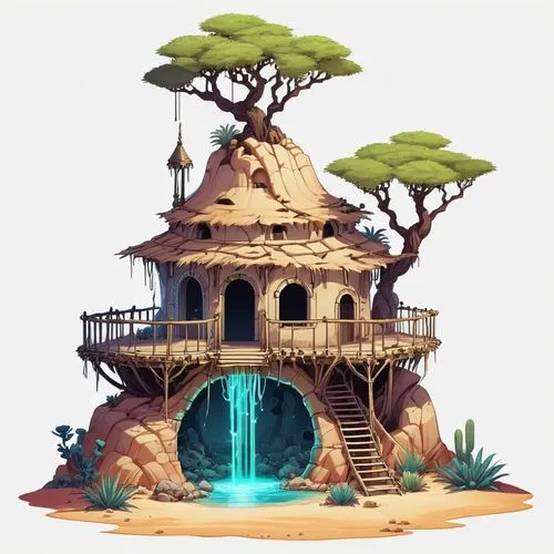 wishing well,mushroom island,treehouse,agrabah,tree house,fairy village,Illustration,Abstract Fantasy,Abstract Fantasy 11