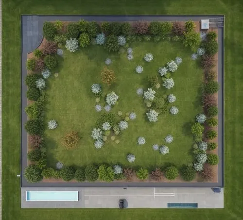 aerial view of grass field with various trees,flower clock,landscape plan,landscape designers sydney,garden design sydney,landscape design sydney,drone image,Photography,General,Realistic