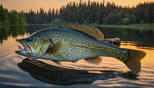 Imagine a majestic bass leaping out of a calm lake at sunset, surrounded by stunning nature.,northern largemouth bass,common carp,forest fish,green sunfish,freshwater fish,brocade carp,giant carp,big-