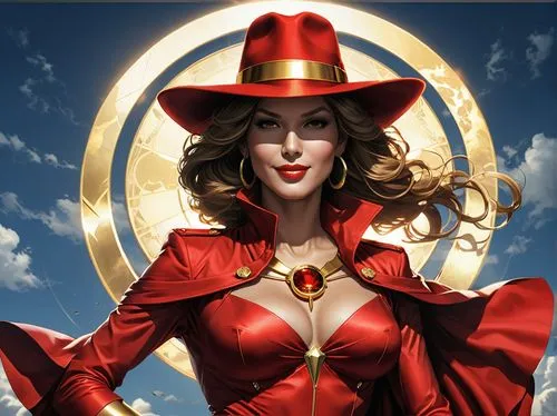 scarlet witch,lady in red,witch's hat icon,ringmaster,the hat of the woman,sorceress,the hat-female,wonderwoman,dodge warlock,sombrero,lasso,fantasy woman,goddess of justice,queen of hearts,red coat,horoscope libra,red hat,gold cap,cryptocoin,fire siren