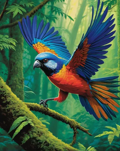 In a lush forest, a colorful bird takes flight and disappears in the canopy.,macaws of south america,macaw hyacinth,macaws blue gold,blue and gold macaw,rosella,colorful birds,tropical bird climber,be