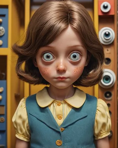 cartoon girl with googly eyes : artwork by Wes Anderson, Rafael Santi and Bernie Wrightson : an amazing, unique and breathtaking composition, accurate description, HDR, polished, colorful, insanely de