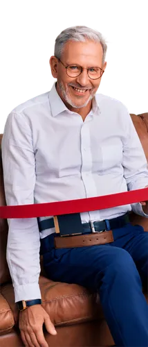 Father's Day celebration, happy old man, warm smile, grey hair, glasses, beard, white shirt, dark blue trousers, holding photo frame, family portrait, golden watch, leather belt, sitting on couch, rel