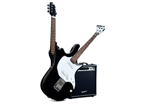 Electric guitar, solo, shiny black body, metallic knobs, silver strings, amplifier, speaker, distortion pedal, reverb effect, delay effect, overdrive sound, rock music style, dynamic lighting, 3/4 com