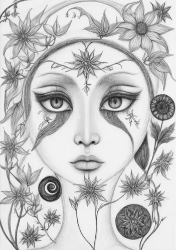 third eye,the zodiac sign pisces,dryad,moonflower,faerie,zodiac sign gemini,headdress,lunar phases,shamanism,faery,mirror of souls,flower of life,zodiac sign libra,laurel wreath,venetian mask,boho art,psychedelic art,psyche,masque,pencil drawings