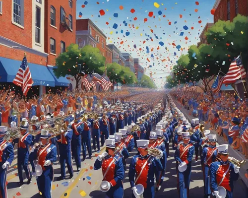 Develop an exciting 4th of July GIF capturing a lively parade with marching bands and confetti.,parade,military band,flag day (usa),marching,navy band,armed forces day,brass band,marching band,oil pai