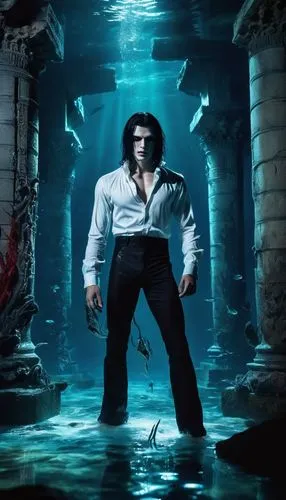 Underwater scene, mysterious dark atmosphere, glowing bioluminescent plants, ancient ruins in the background, a male vampire, pale skin, sharp fangs, piercing red eyes, wet black hair, flowing white s