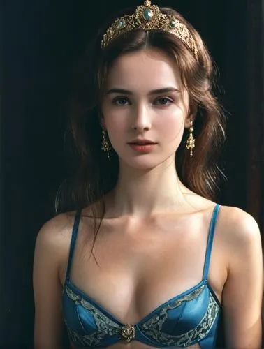 Create a convincing and bright, technically high-resolution photo portrait of a young Russian tsar's daughter.,the young woman is wearing a  and gold earrings,triss,demelza,hermias,pevensie,padme,knig