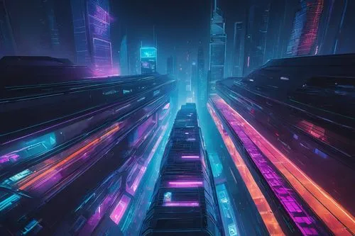 cybercity,cyberpunk,bladerunner,synth,futuristic,tron,neon arrows,metropolis,polara,cyberscene,futuristic landscape,colorful city,cybertown,hypermodern,synthetic,matrix,light trail,mainframes,vapor,cyberia,Illustration,Abstract Fantasy,Abstract Fantasy 17