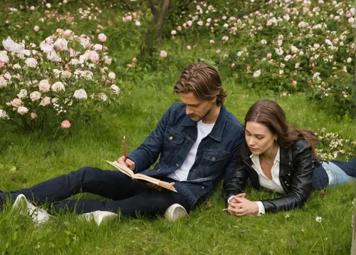 e-book readers,on the grass,spring background,girl and boy outdoor,romantic scene,young couple,spring awakening,picking flowers,springtime background,the model of the notebook,e-book,idyll,in the park,clove garden,readers,romance novel,meadow,in the spring,field of flowers,flightless bird,Conceptual Art,Daily,Daily 06