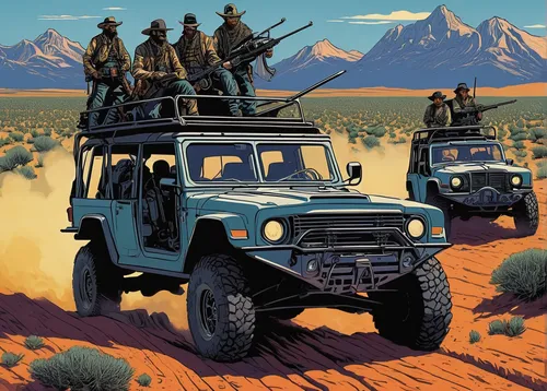 A group of renegade off-road outlaws embark on a dangerous mission to rescue their captured leader.,desert safari,uaz patriot,jeep rubicon,safari,land rover series,snatch land rover,toyota land cruise