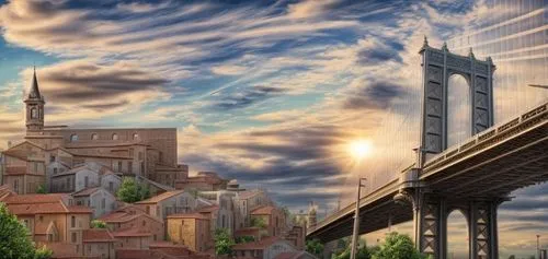 bridge new europe,city scape,suspension bridge,fantasy city,scenic bridge,bridges,angel bridge,world digital painting,background image,sky city,cartoon video game background,cityscape,hohenzollern bridge,bridge,skyscraper town,skyline,city skyline,rainbow bridge,background images,skycraper,Common,Common,Natural