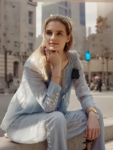 a woman with long brown hair and bright brown eyes stands in the middle of a bustling city street, gazing out at the skyscrapers. She wears a red gown and a pair of black shoes, and a crown made of go