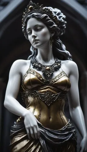 a statue made out of shining black obsidian of a beautiful woman; golden shiny lingery; silver ornaments decorate the statue; white background,lady justice,woman sculpture,goddess of justice,justitia,