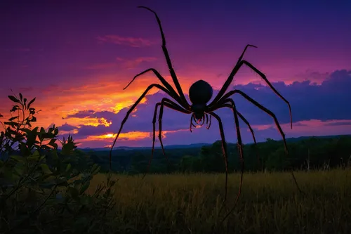 Create a poem about a majestic sunset where Daddy Long Neck spiders roam.,spider flower,devil's walkingstick,baboon spider,walking spider,spider silk,vermont,harvestmen,edged hunting spider,widow spid