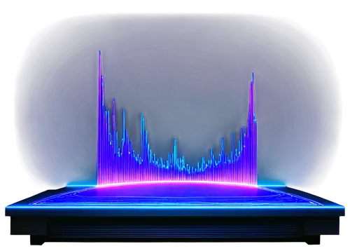 Dramatic sound wave, vibrant purple aura, glowing blue lines, futuristic neon lights, holographic display, metallic framework, sleek console, 3D audio visualizer, dynamic equalizer, cinematic close-up