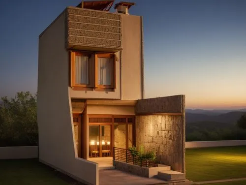 evening, warm light, beautiful resident,build by mirza golam pir,cubic house,modern architecture,corten steel,dunes house,modern house,house in mountains,eco-construction,stucco wall,house in the moun