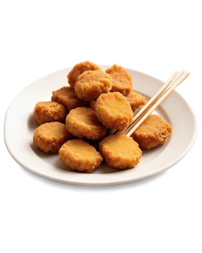 Crispy chicken nugget, golden brown, juicy meat, tender texture, dipping sauce, wooden stick, white plate, solo, close-up shot, shallow depth of field, warm lighting, 3/4 composition, detailed surface