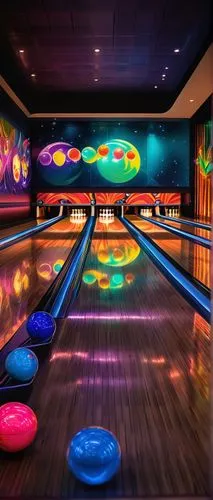 Modern bowling alley, futuristic architecture, neon lights, vibrant colors, sleek lines, geometric shapes, metallic materials, glass walls, high ceilings, automatic doors, bowling lanes, retro-style b