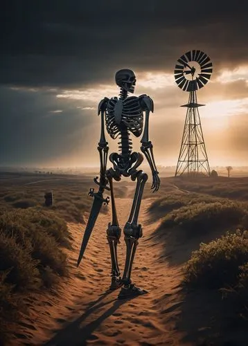 In the midst of a vast, empty sandfield, a skeletal figure stands tall and proud, his sword held high. The sun beats down on her, casting shadows across the field. She seems to be lost in thought, her