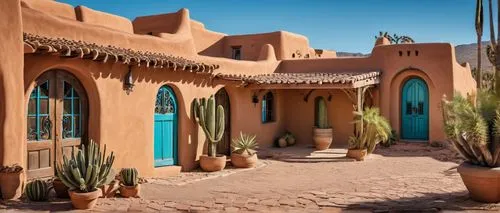 Southwestern style building, adobe walls, curved lines, earthy tones, vibrant turquoise accents, ornate wooden doors, clay roof tiles, sprawling courtyard, lush greenery, cacti, palm trees, warm sandy