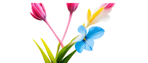 Colorful flowers, blooming, petals unfolding, delicate stems, green leaves, vibrant pink, yellow, blue, white, soft focus, shallow depth of field, warm lighting, 3/4 composition, macro shot, detailed 