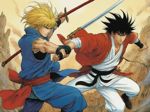 japanese martial arts,swordsmen,sword fighting,dragon slayers,kenjutsu,takikomi gohan,martial arts,sanshou,iaijutsu,sōjutsu,eskrima,battōjutsu,swordsman,sambo (martial art),kungfu,fighting poses,dragon ball,dragon ball z,shinobi,dragonball,Illustration,Realistic Fantasy,Realistic Fantasy 04