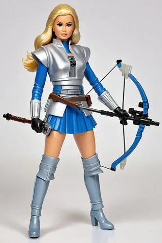 beautiful blonde lady, dressed like a Star Wars action figure, in a blue A-line mini skirt, silver thigh boots and a silver top. She holds a wookiee bowcaster crossbow.,femforce,actionfigure,female wa