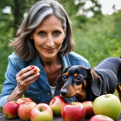 A 40-year old woman giving a dachshund an apple core, outdoors

,woman eating apple,pet vitamins & supplements,dachshund yorkshire,dachshund,vegan nutrition,apple picking,vegan icons,red apples,apple 