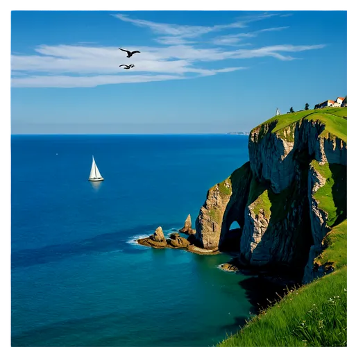 Peninsula, scenic, serene, gentle slope, green grass, rugged coastline, rocky cliffs, turquoise water, sailboats, seagulls flying overhead, warm sunlight, soft focus, atmospheric perspective, 3/4 comp