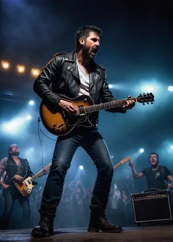 Kris Klafford, male, musician, 40s, short black hair, stubble beard, black leather jacket, white shirt, dark blue jeans, black boots, holding guitar, standing, rock concert stage, spotlights, fog mach