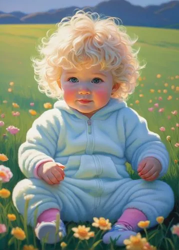 Fluffy Wambler, cute toddler, 3-4 years old, blonde curly hair, big bright blue eyes, rosy cheeks, gentle smile, white onesie with cartoon characters, soft fluffy socks, tiny sneakers, holding a favor