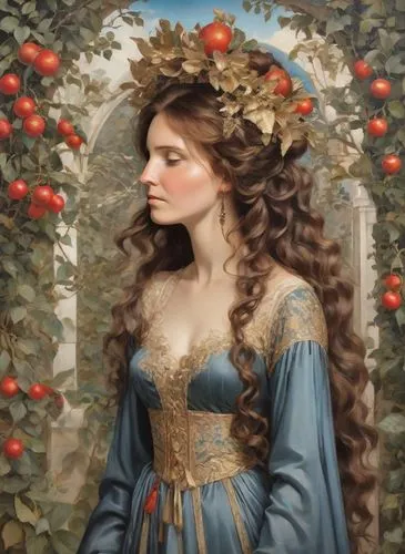 girl in a wreath,rose wreath,girl picking apples,holly wreath,golden wreath,persephone,Digital Art,Impressionism