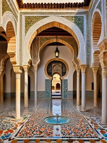 Cordoba architecture, ancient mosque, Moorish style, intricate stone carvings, ornate arches, Islamic geometric patterns, grand dome, vibrant tile work, colorful mosaics, ornamental fountains, tranqui